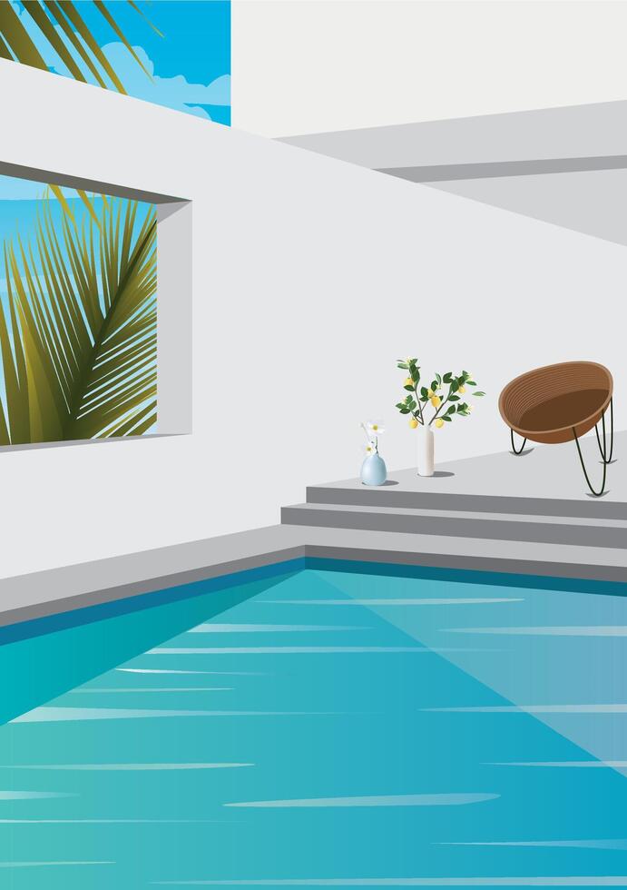 vector ilustración paisaje palma árbol interior de un villa con un nadando piscina para un fiesta en un isla en el zona tropical de bali