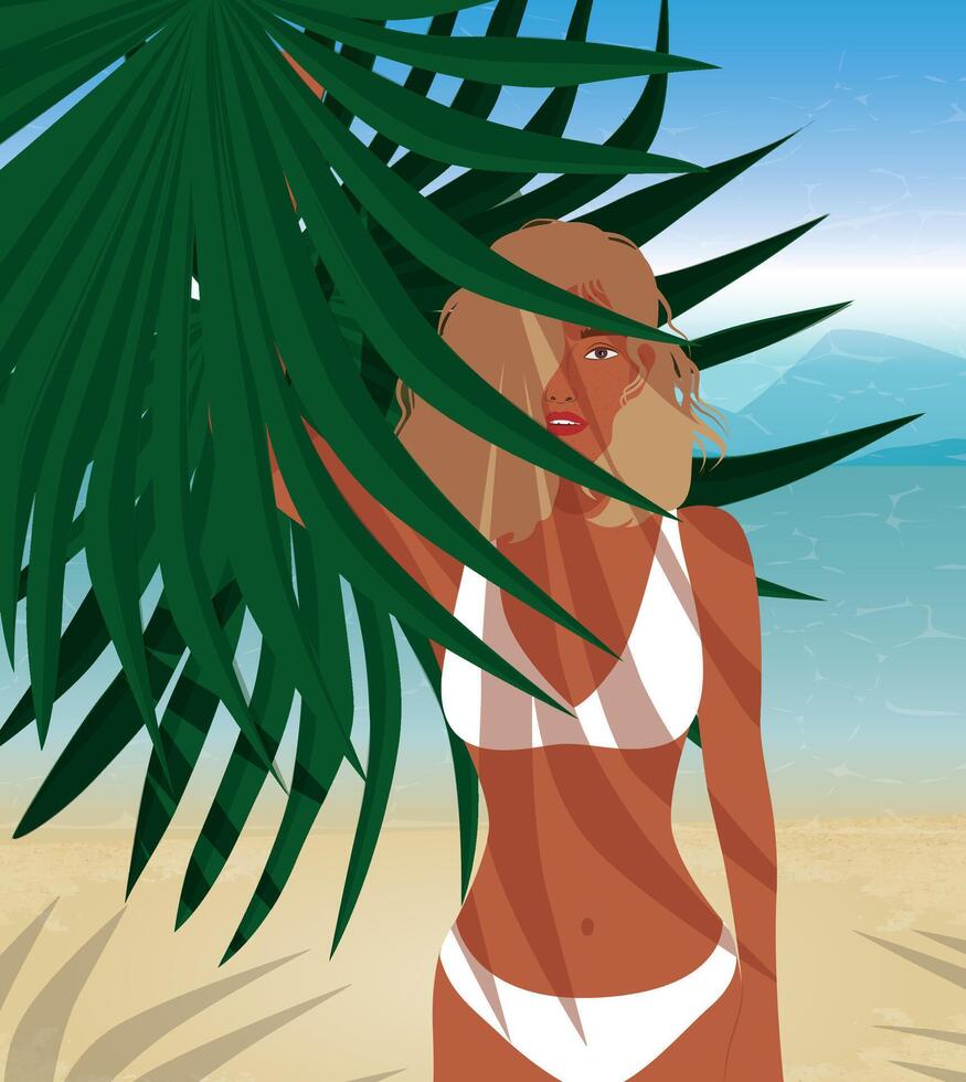 vector ilustración turismo vacaciones rubia mujer de vacaciones en el zona tropical posando en un blanco bikini entre palma arboles en contra el antecedentes de el Oceano o mar