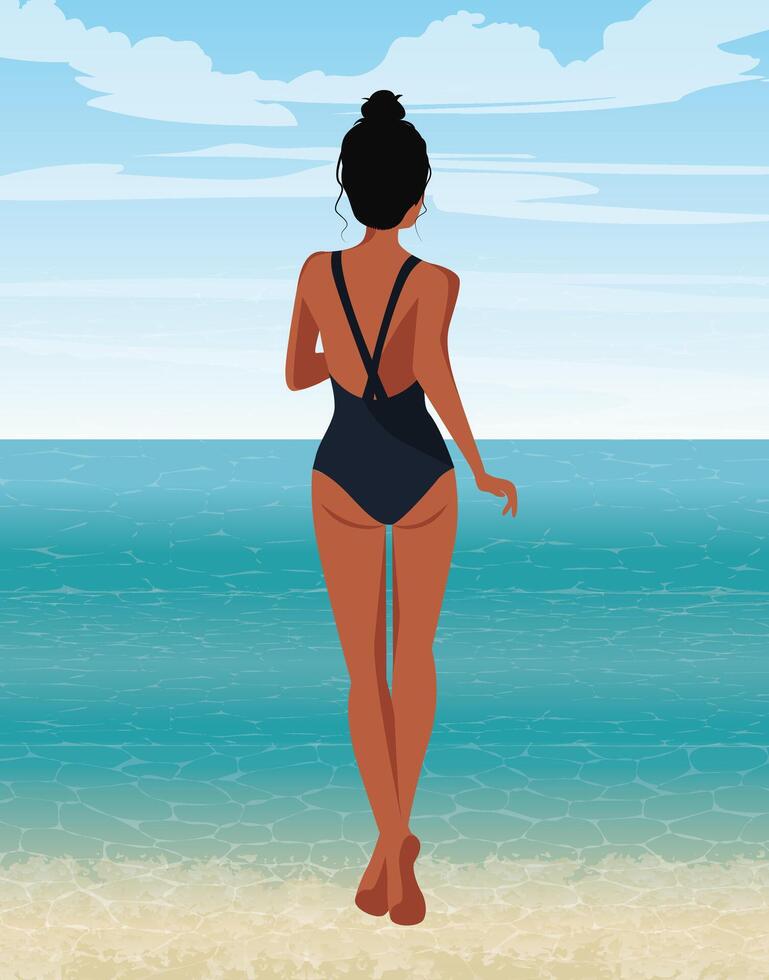 Vector illustration of a portrait of a beautiful tanned woman girl in the summer on vacation goes swimming in the ocean view from the back from behind