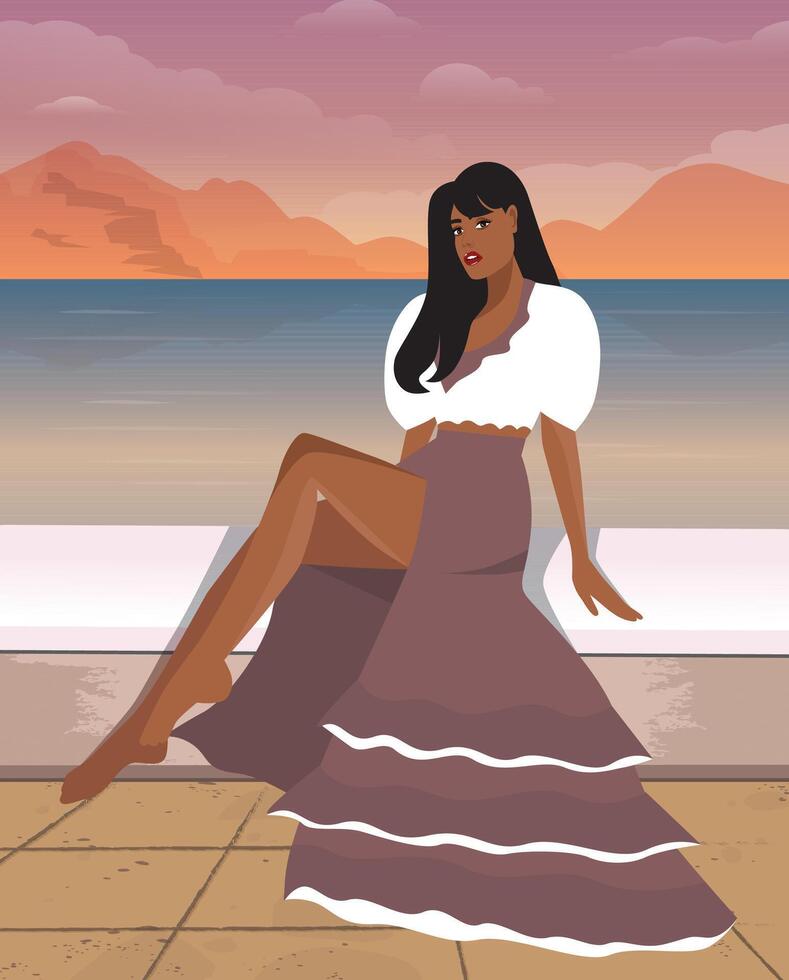 Vector illustration of a portrait of a beautiful tanned girl woman in the tropics in the summer on vacation posing for a photo and admiring the sunset