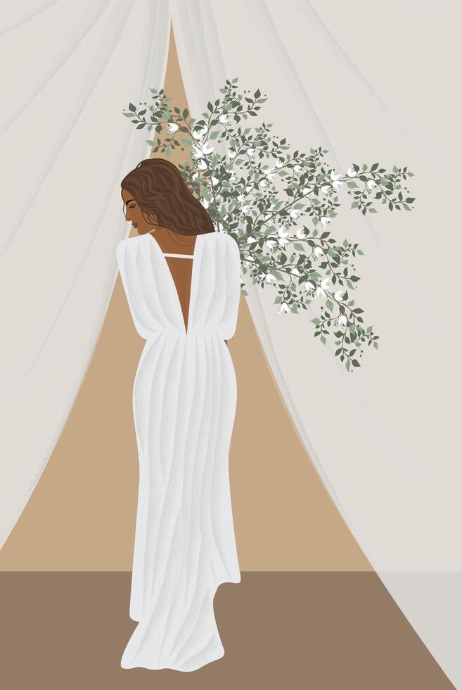 Vector illustration portrait of a beautiful woman bride model girl in a white evening summer dress posing with a large bouquet of flowers in her hands