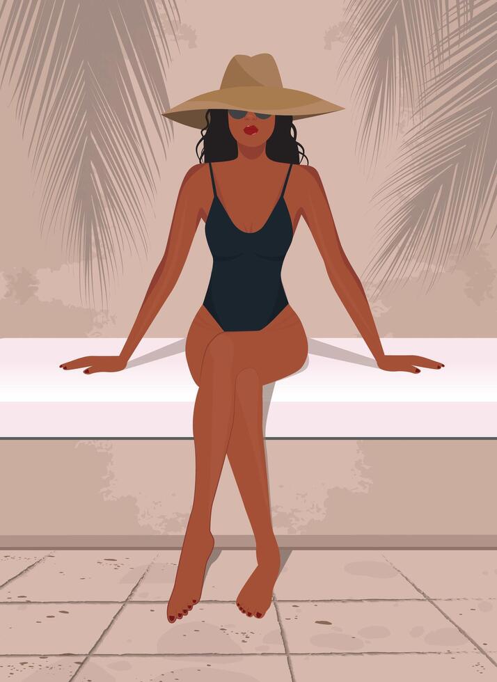 vector ilustración de un retrato de un hermosa bronceado niña en verano en vacaciones en un traje de baño y sombrero