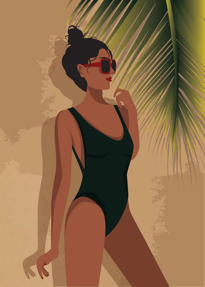 Vector illustration portrait of a beautiful woman girl posing in a bikini on summer vacation against the background of a wall and palm trees