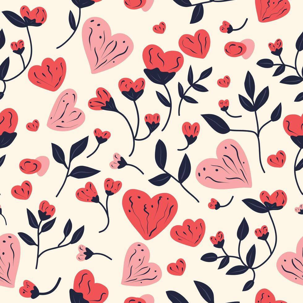 Seamless vector pattern of red coral pink heart plants and plants on white milkweed background vector illustration. Cute wallpaper for Women's Day and Valentine's Day
