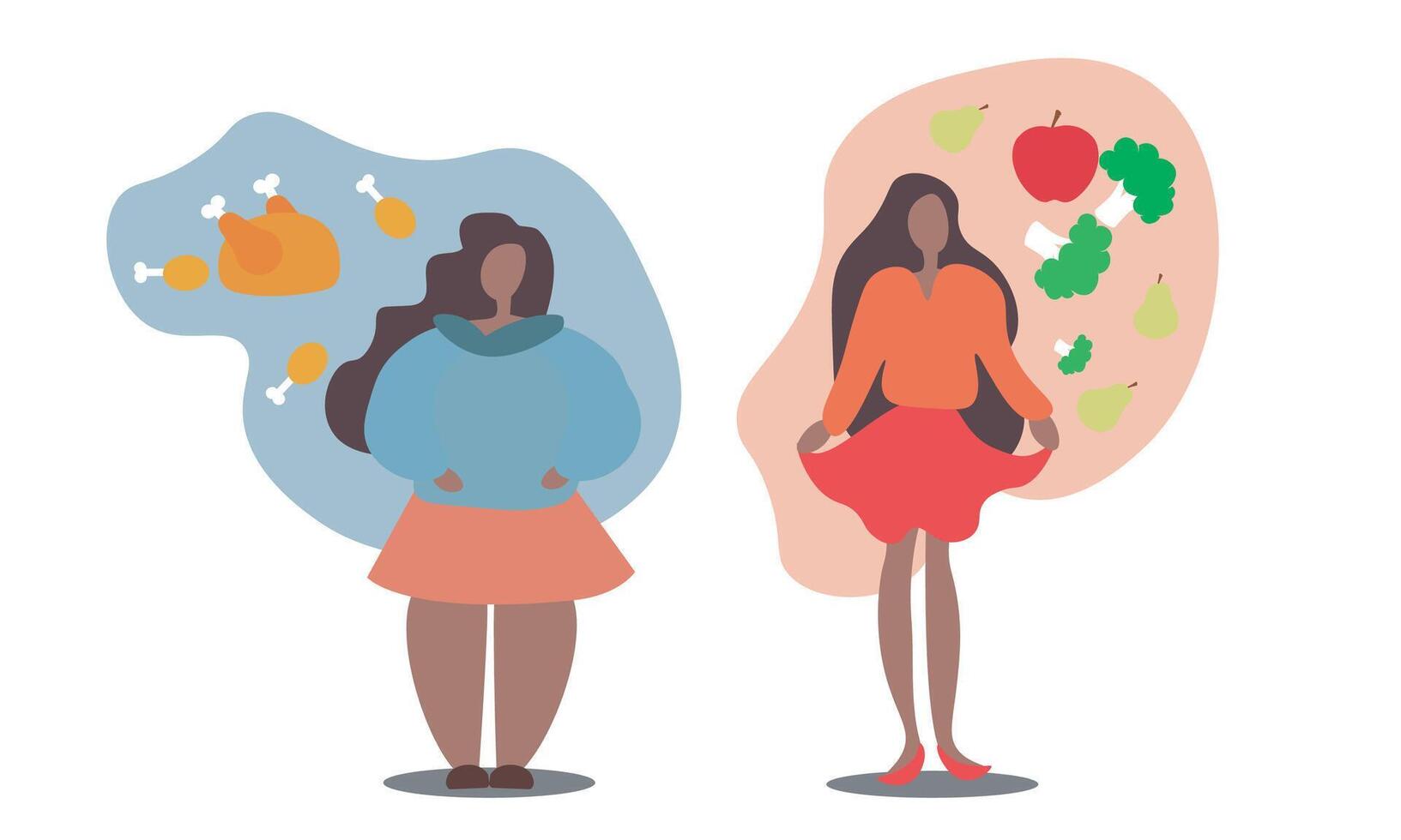 ilustración de dos muchachas y el comida de cada fondo es mostrado vector