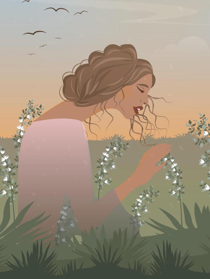Vector illustration landscape of a beautiful girl woman in a field with flowers nature spring autumn summer