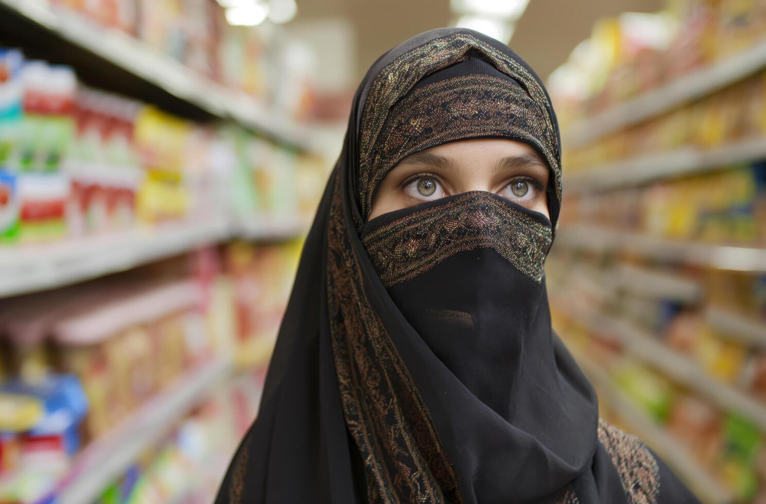 AI generated Eyes of tradition arab woman in store photo