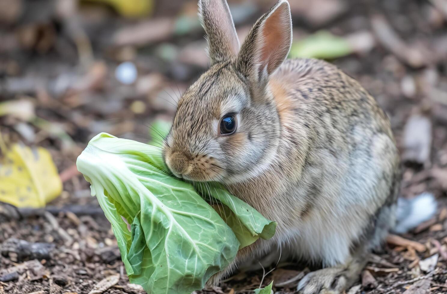 AI generated Domestic rabbit eating cabbage leaf photo