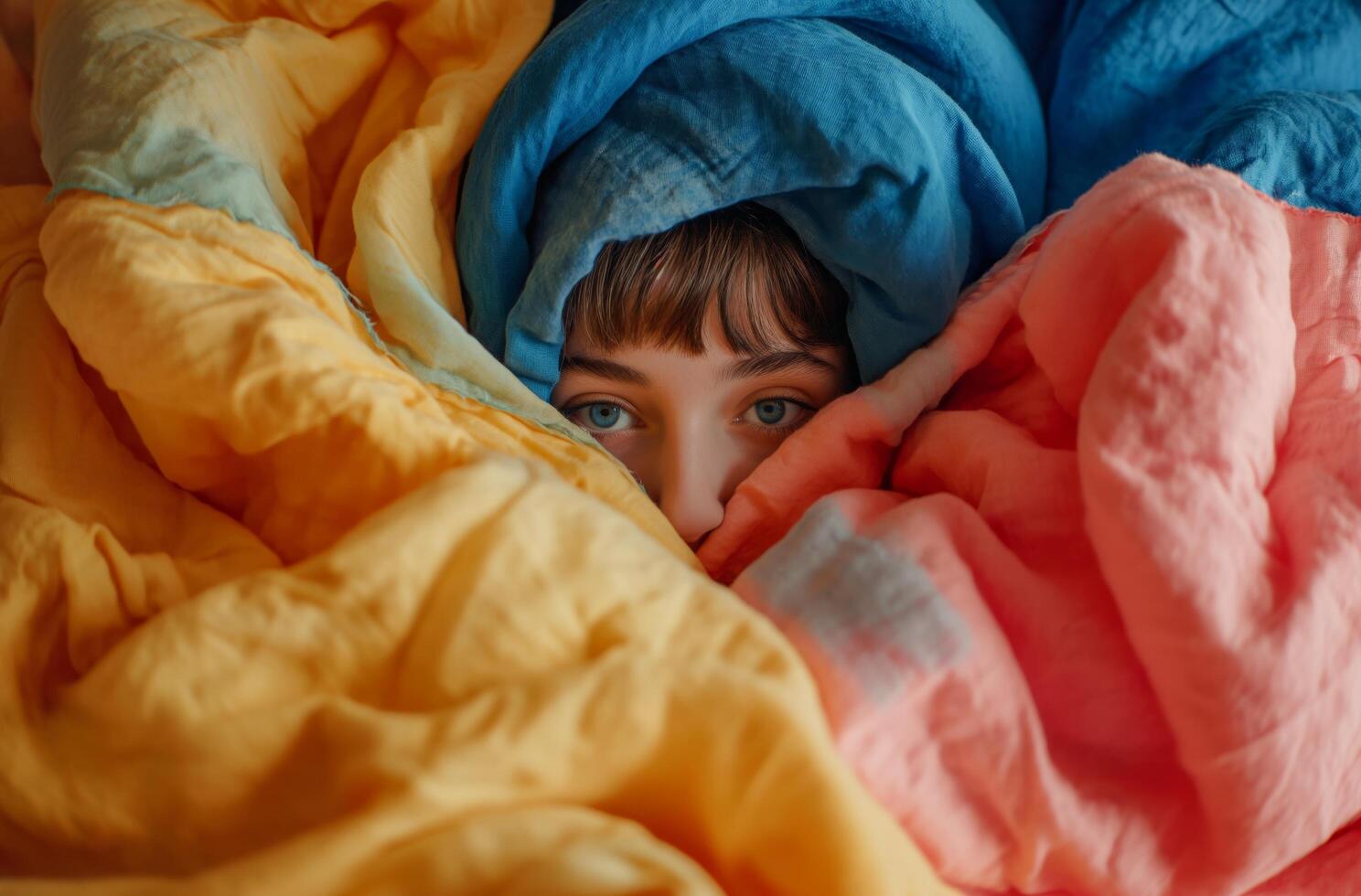 AI generated Girl covered in colorful blanket photo