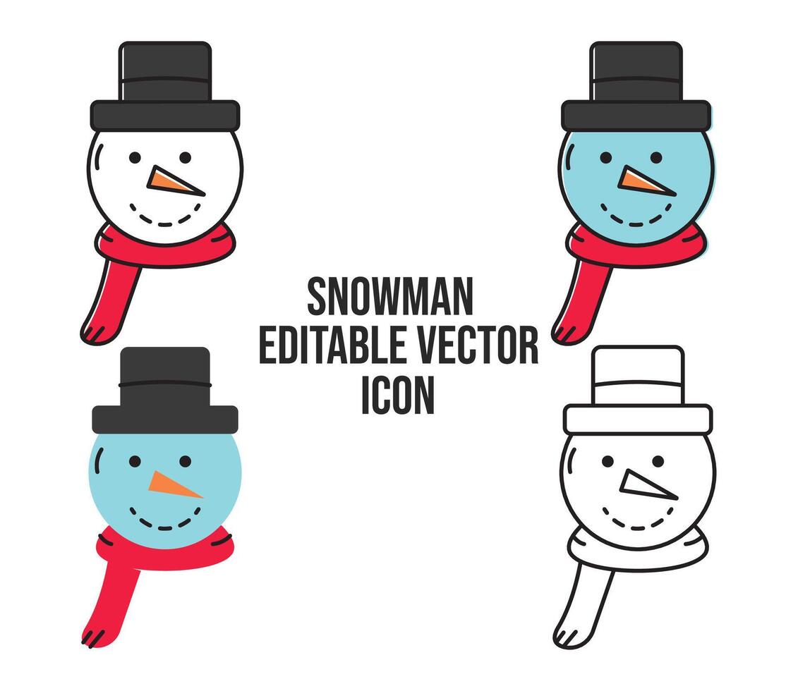 Snowman line art minimalist vector icon, and icons with fill and color. Vector illustration of snowman. Christmas and winter concept.