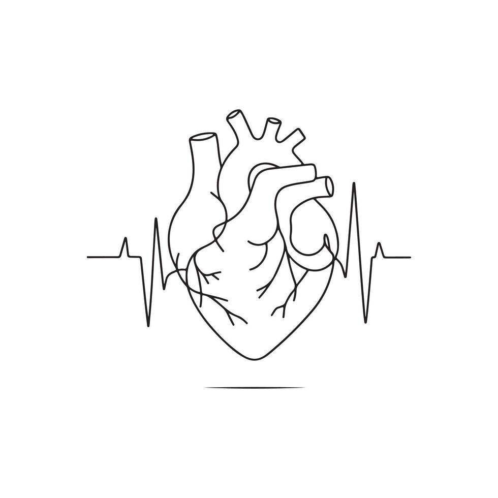 Heartbeat one line continuous vector art. Minimalist doodle design on a white background. Template, contour, single line simple artwork.