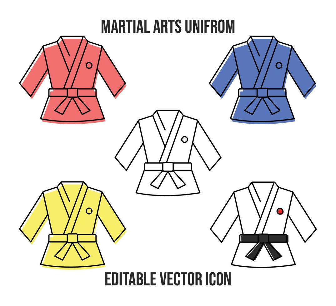 A martial arts uniform line art icon with strokes and fill. Vector illustration of Taekwondo uniform set. Minimalist flat web icons. Karate, kimono concept.