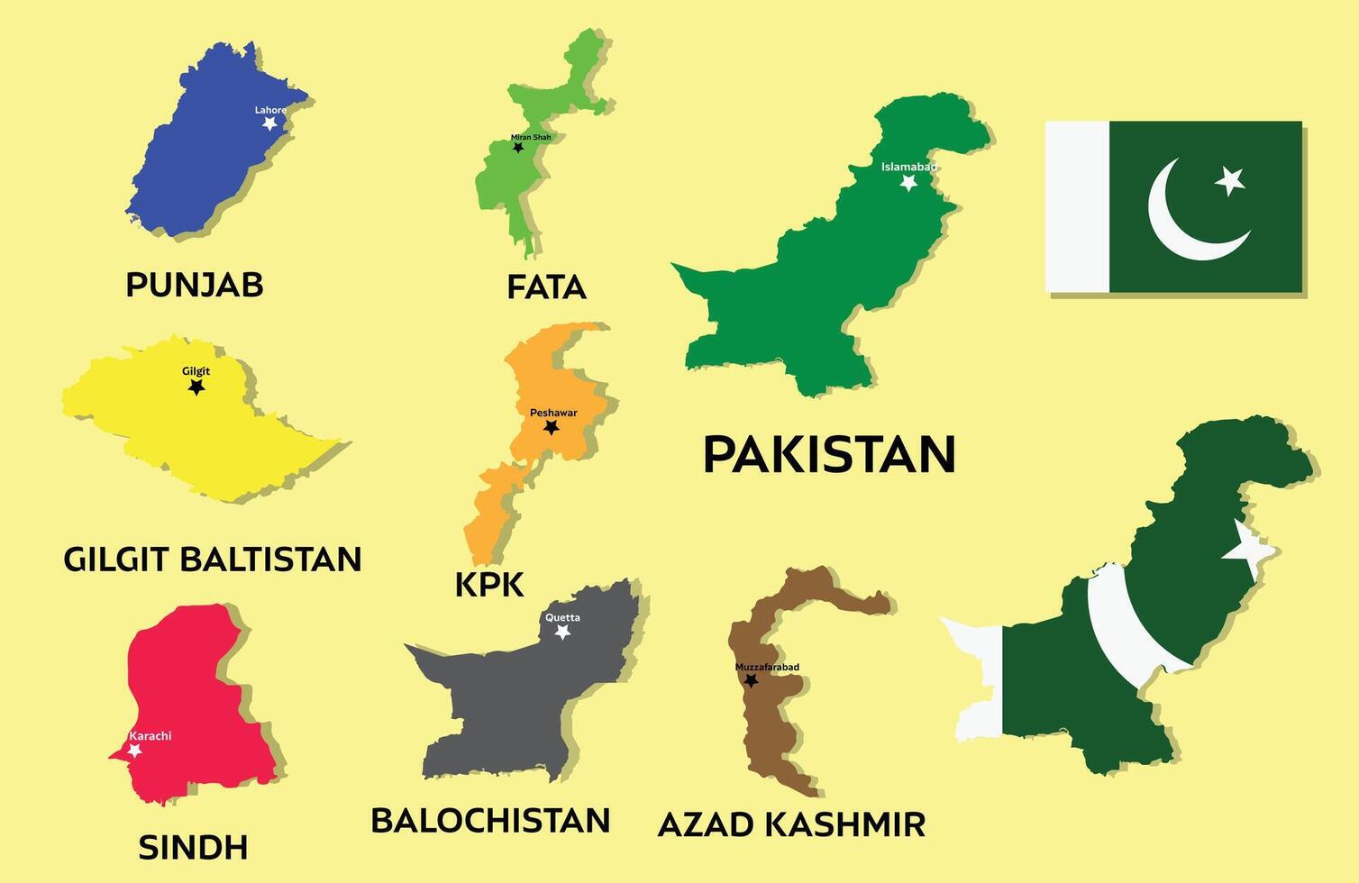 Pakistan Map with flag. All provinces vector map illustration with vector flag. Country map concept.