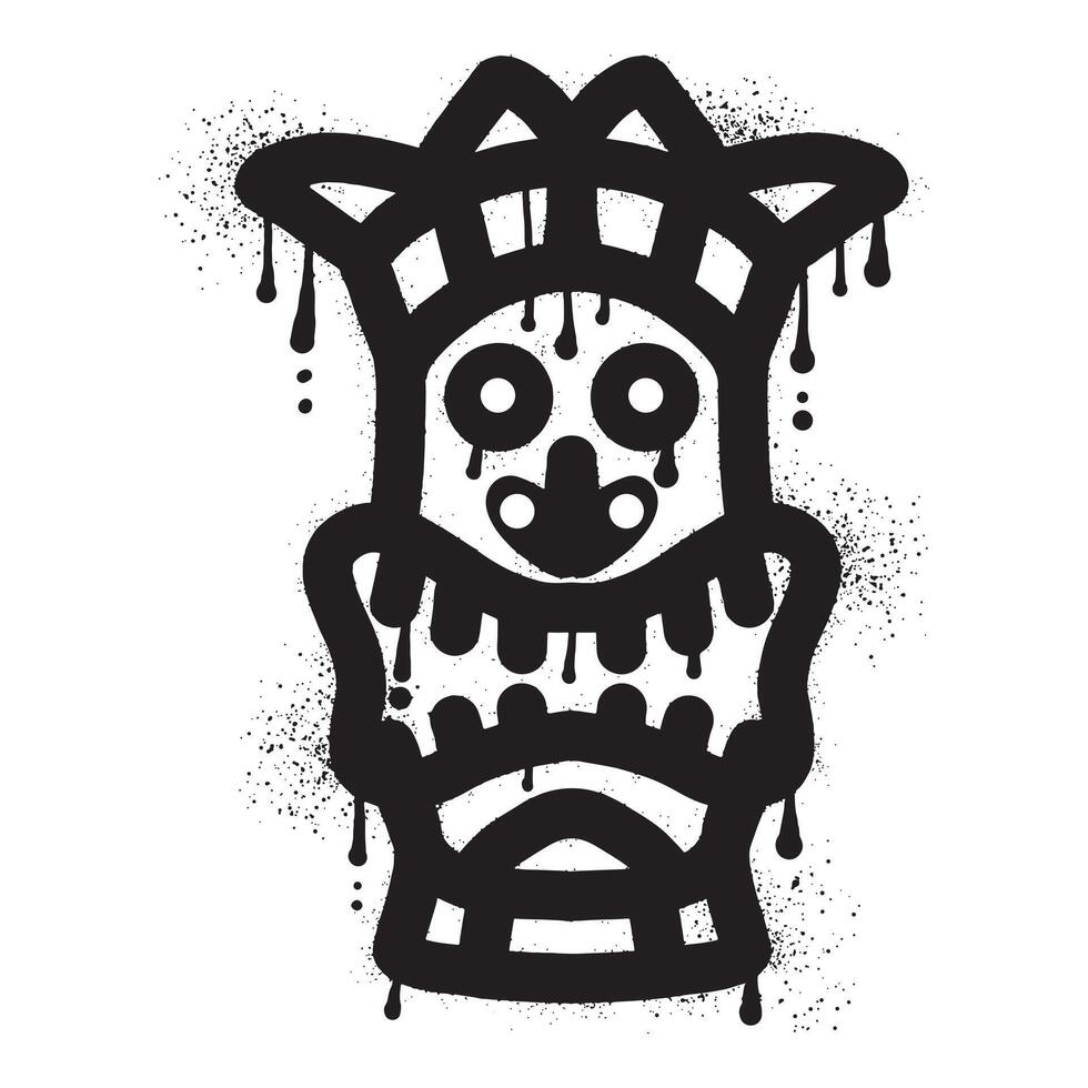 Wooden tiki mask graffiti with black spray paint art vector