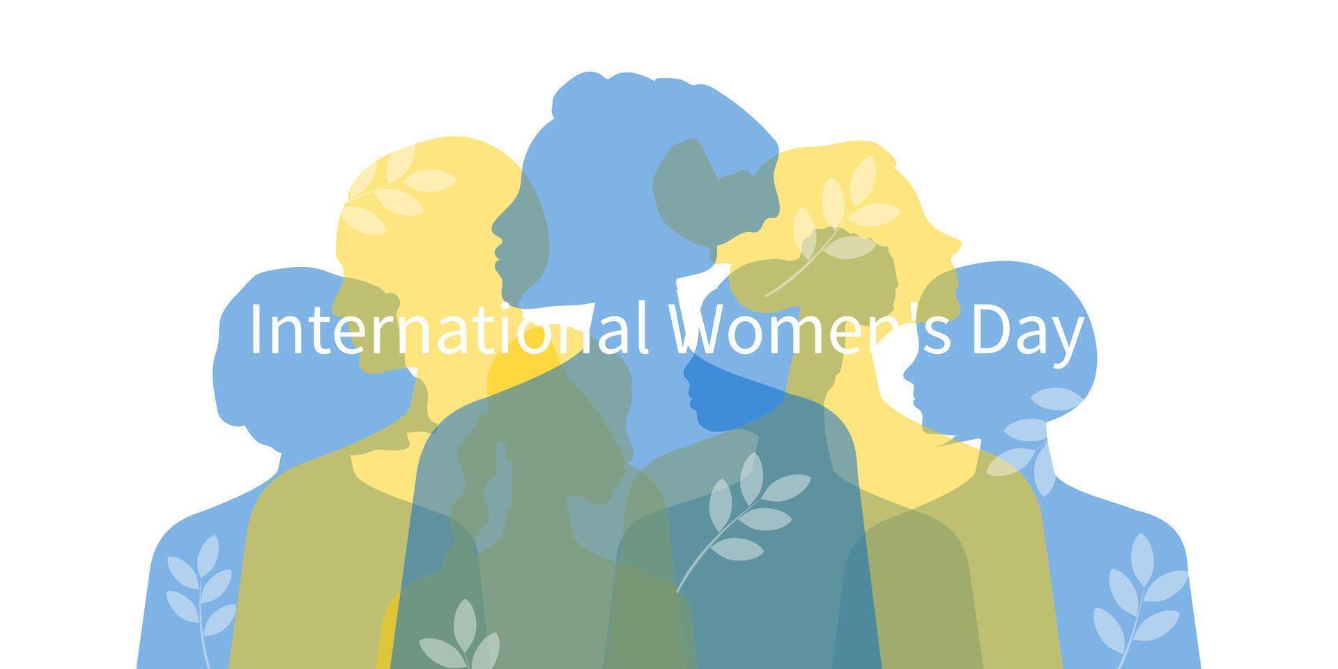 internacional De las mujeres día bandera. mujer de diferente siglos, nacionalidades y religiones ven juntos. horizontal blanco póster con transparente siluetas de mujer. vector. vector