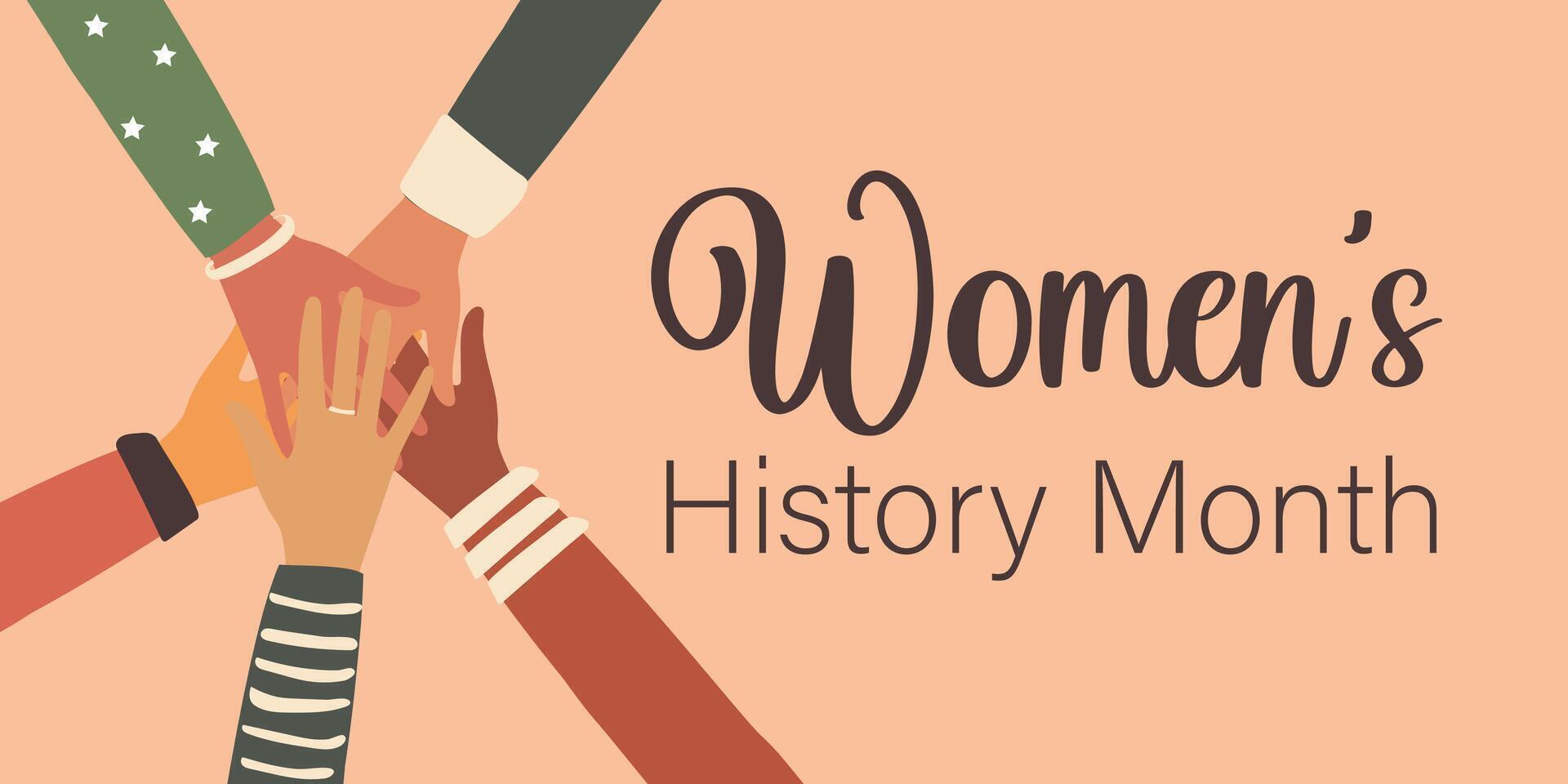 Women's History Month. The hands of multiethnic people are connected in a circle. Activists and other communities fight for equality. Horizontal pink poster. Vector. vector