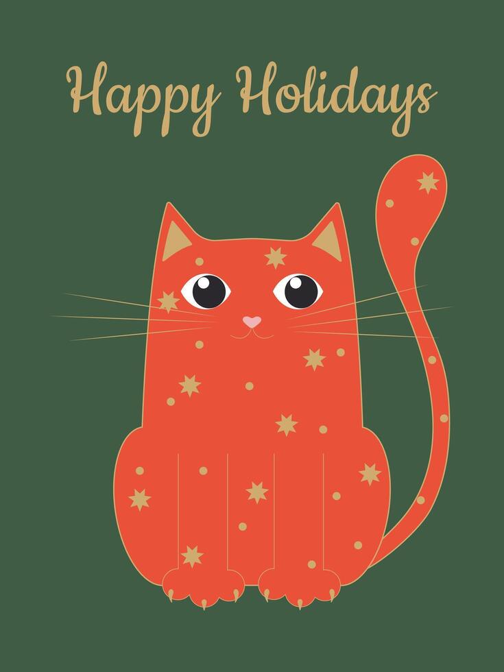 A quirky bright red cat with big eyes sits and looks at you. Holiday card for World Cat Day. Vector. vector