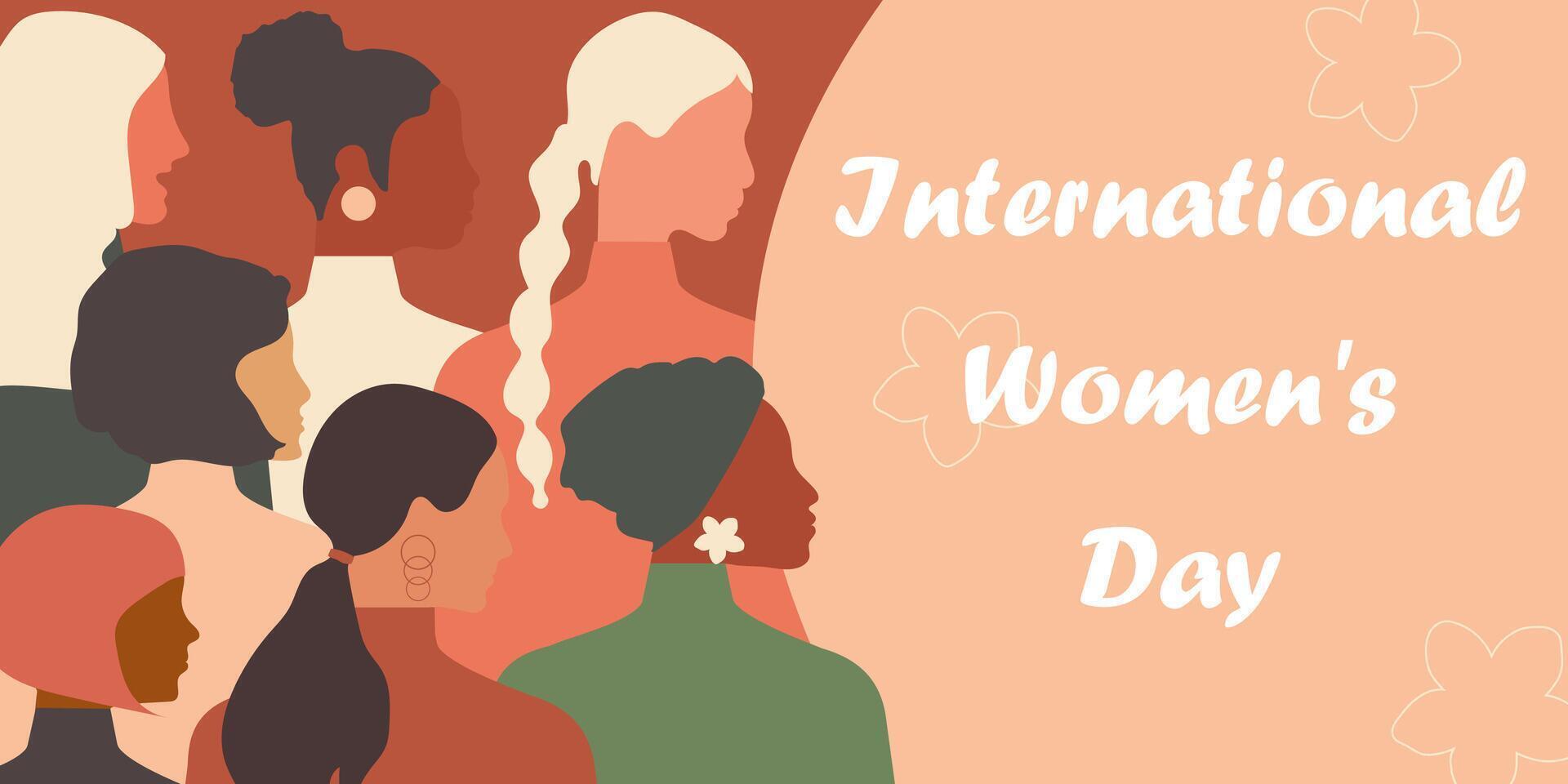 International Women's Day. Women of different ages, nationalities and religions come together. Horizontal pink poster. Modern vector graphics.