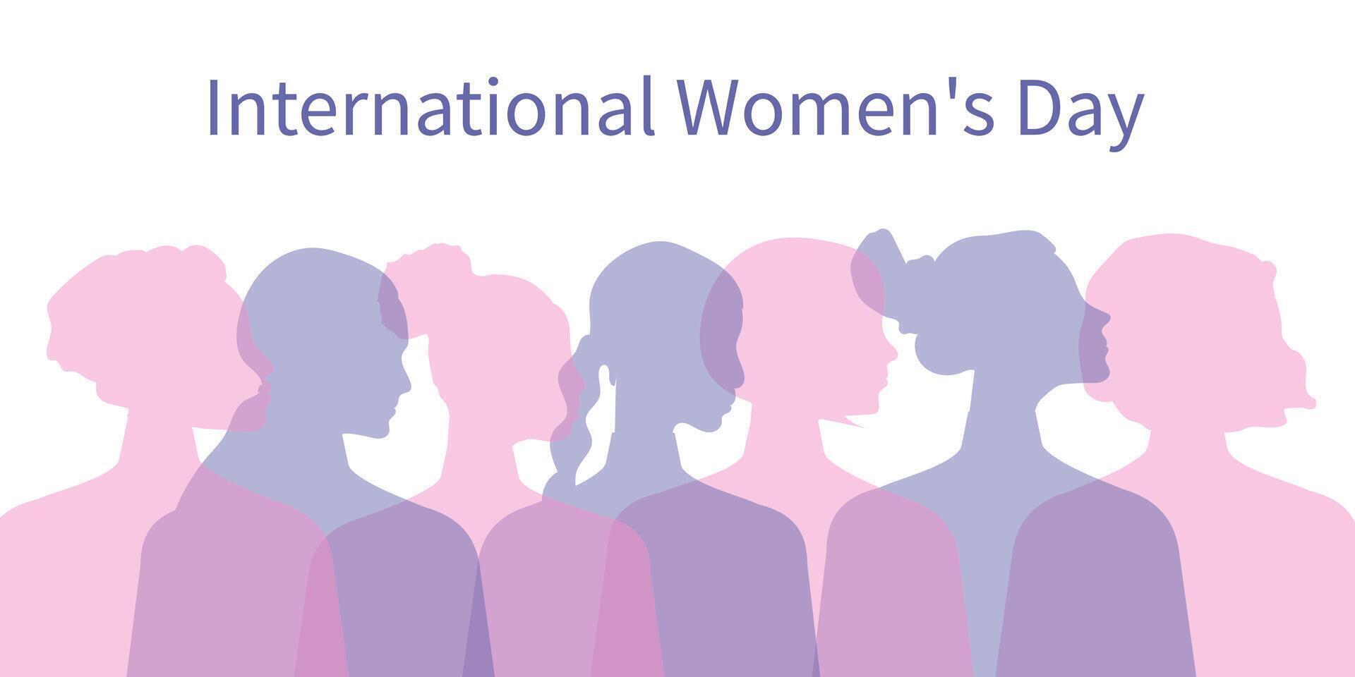 International Women's Day. Women of different ages, nationalities and religions come together. Horizontal white poster with transparent silhouettes of women. Vector. vector