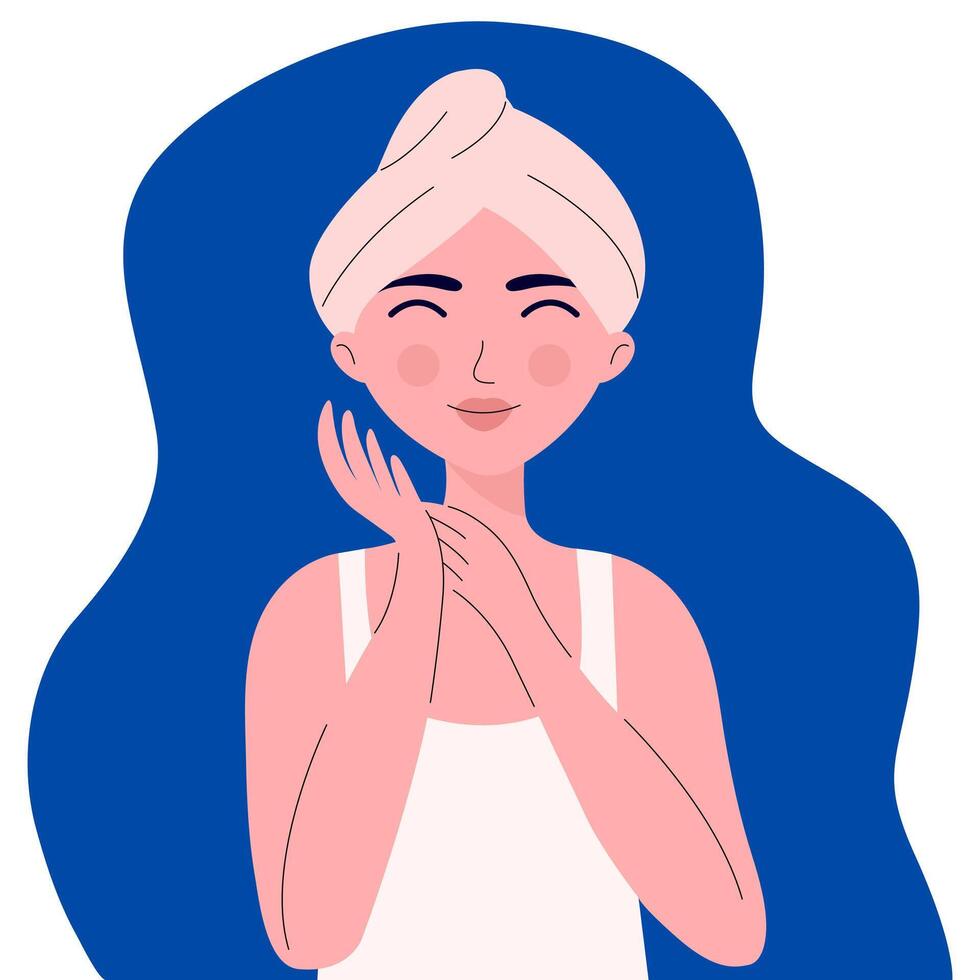 plano mujer personaje con toalla en cabeza y cerrado ojos vector ilustración.