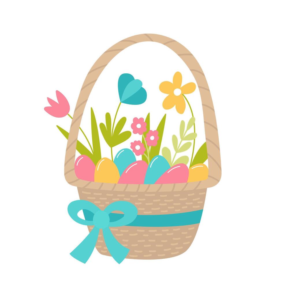 Pascua de Resurrección cesta con azul arco y de colores huevos vector plano ilustración. mimbre cesta con flores y huevos