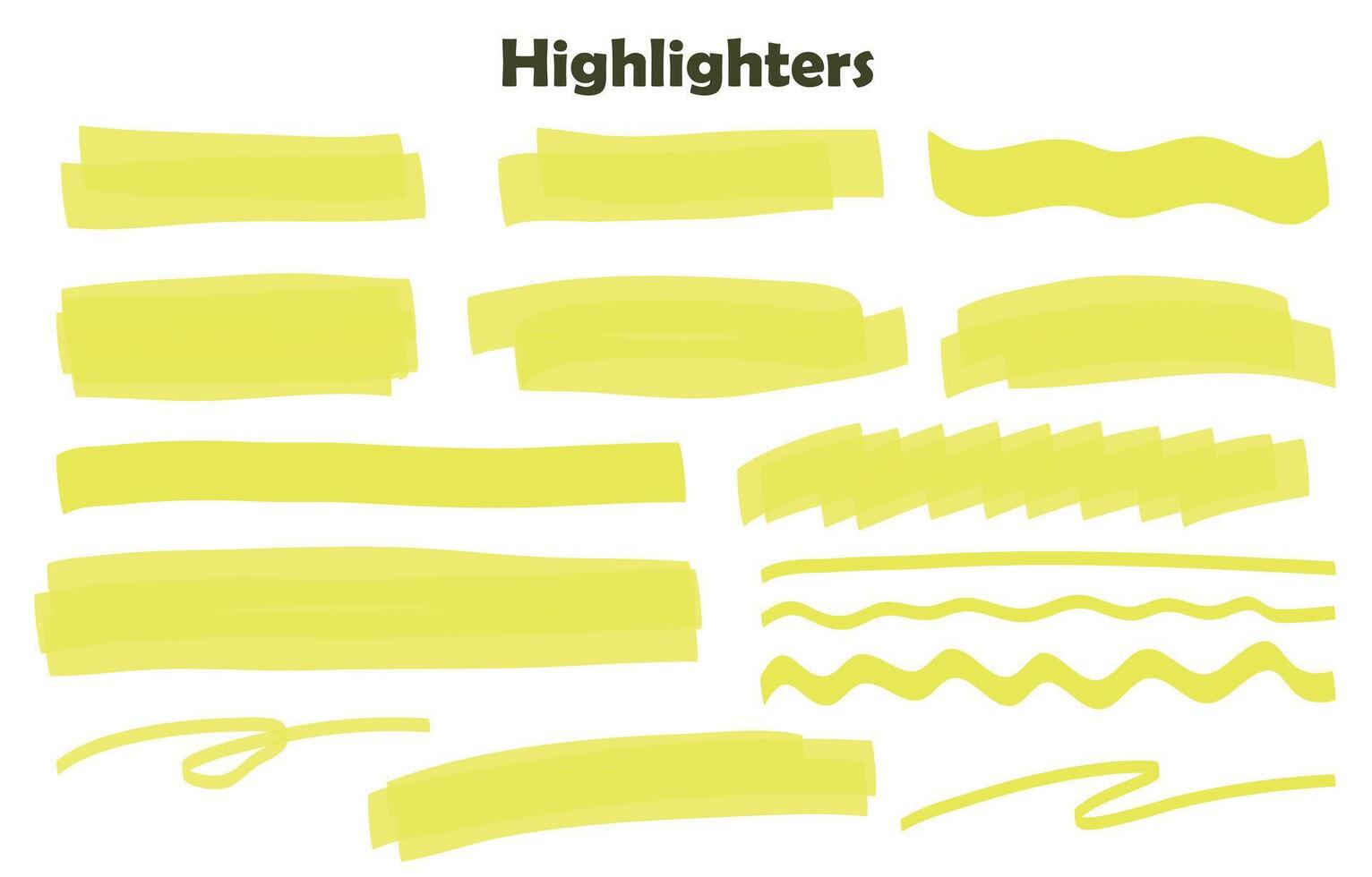 Highlighter collection, brush lines, isolated in white background. Marker yellow set, brush pen hand drawn underline. Vector highlighter graphic stylish element. Watercolor hand drawn highlight set.