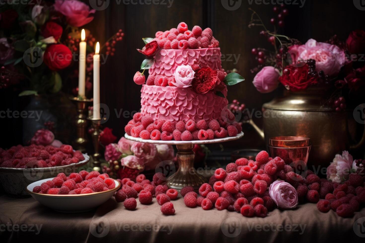 AI generated Tempting Raspberry cake on table. Generate Ai photo