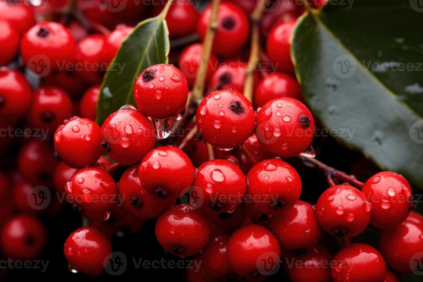 AI generated Bright Red holly berries branch with green leaves. Generate ai photo