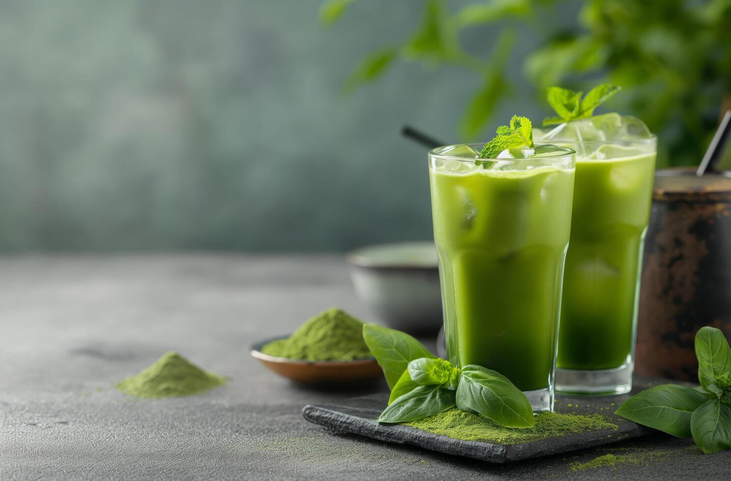 AI generated Chilled matcha tea with fresh basil photo