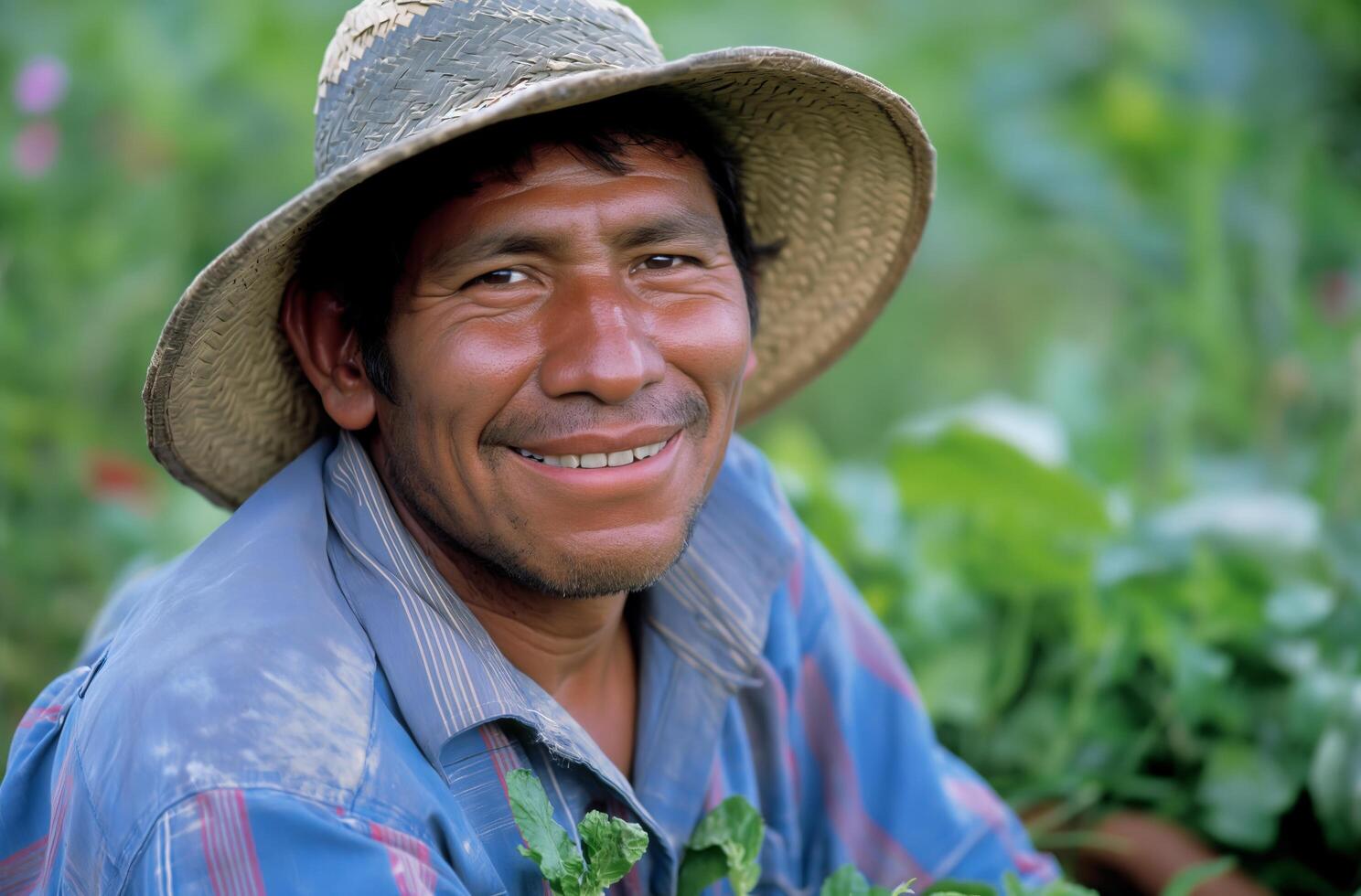 ai generado granjero con un sonrisa en el campos foto