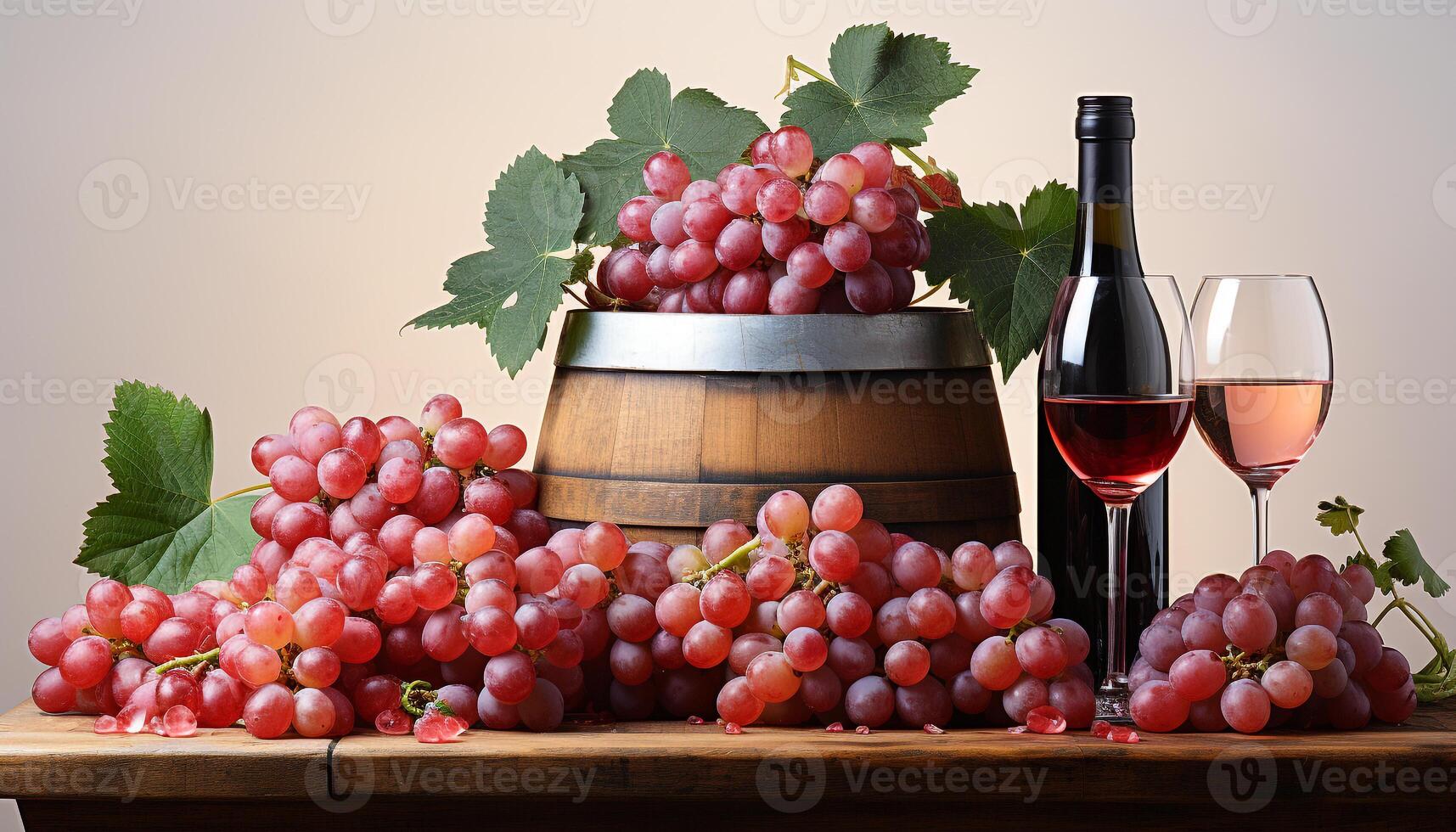 AI generated Fresh grape bunches on wooden table, nature winery in autumn generated by AI photo