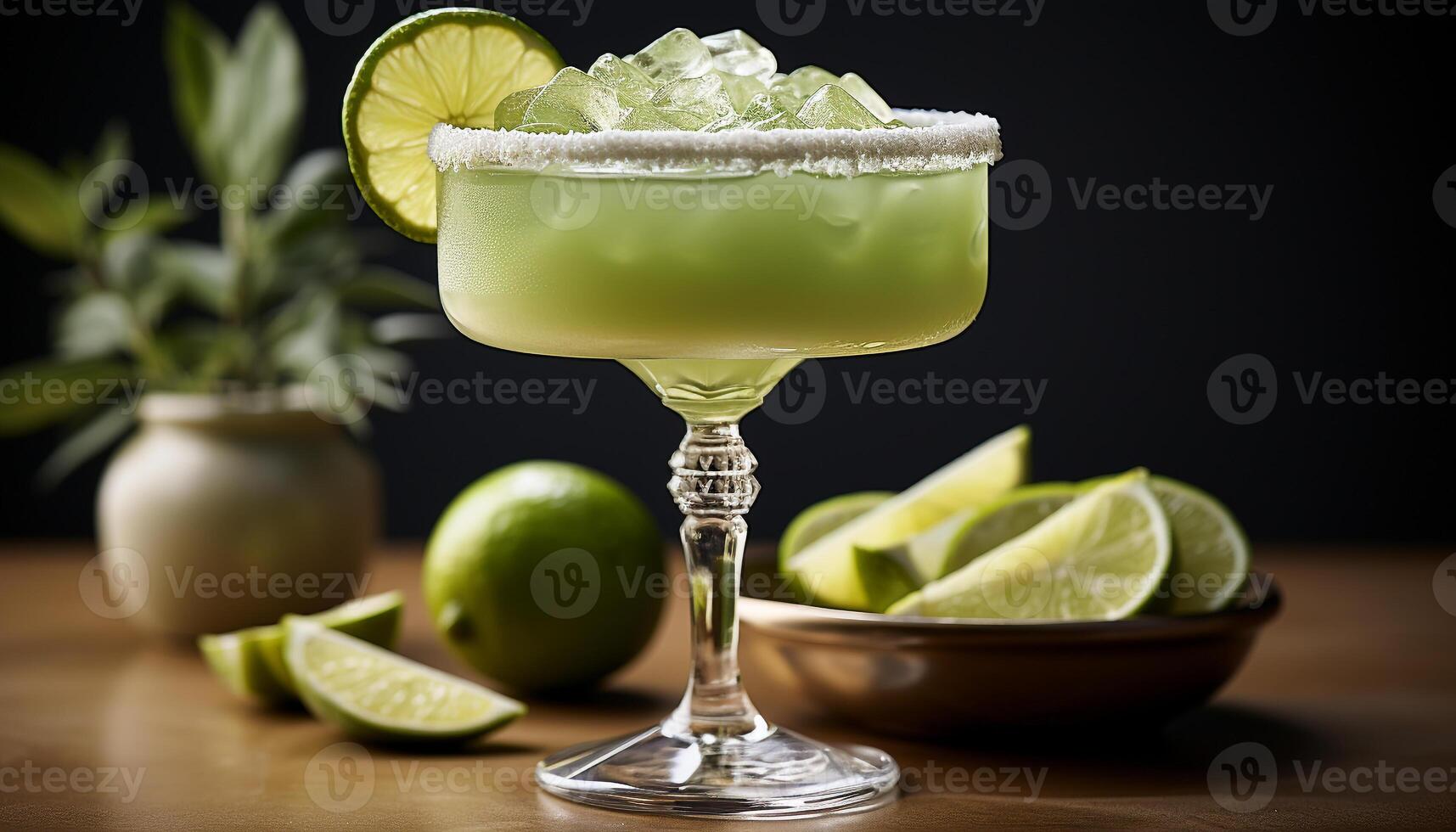 AI generated Fresh margarita with lime slice, ice, and tequila in glass generated by AI photo