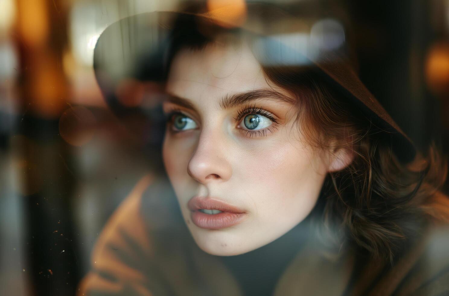 AI generated Thoughtful woman behind the glass photo