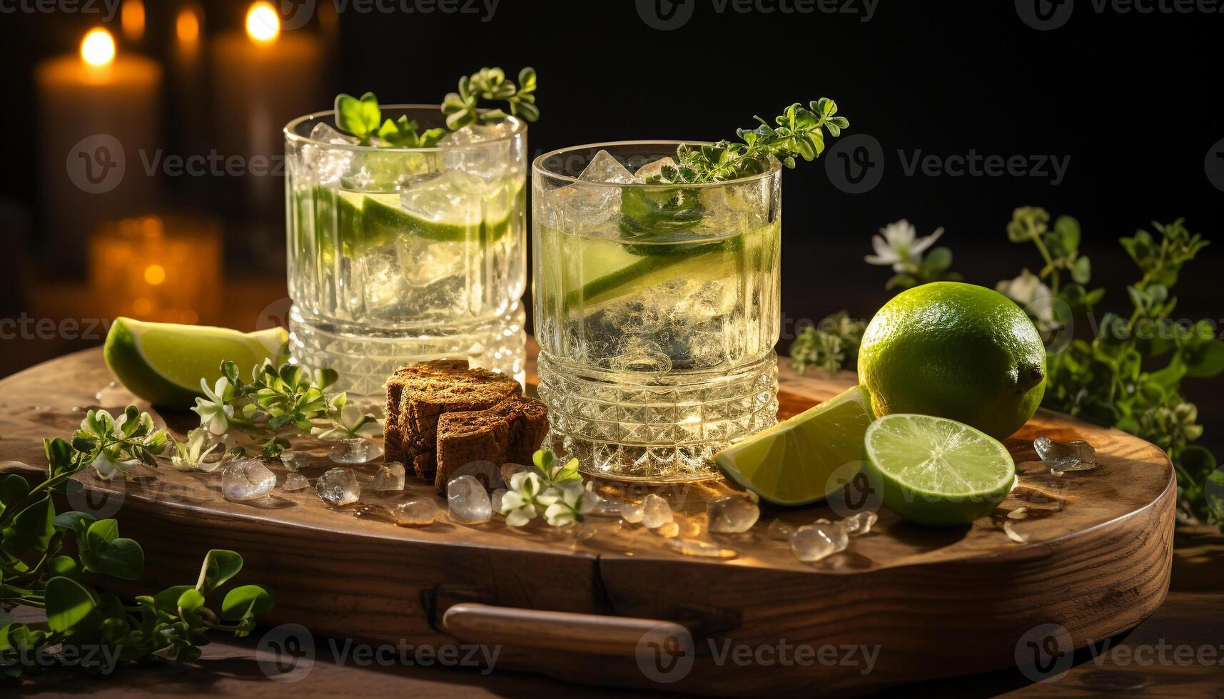 AI generated Refreshing mojito cocktail with citrus fruit and mint leaf garnish generated by AI photo