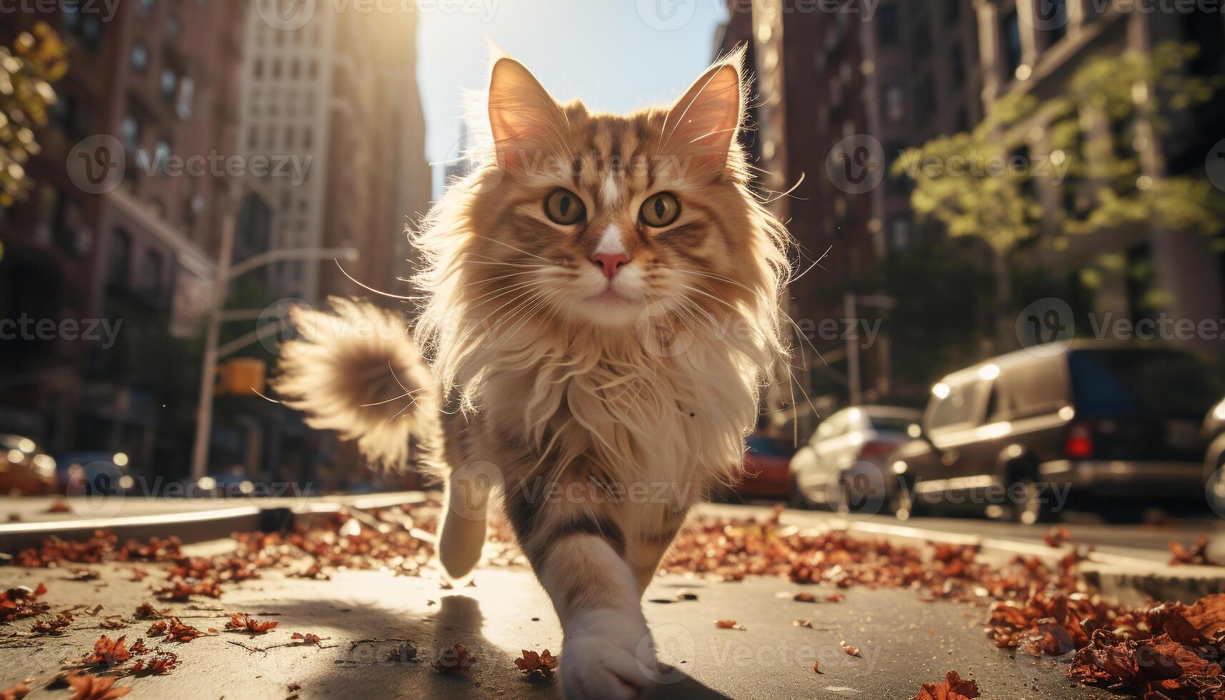 AI generated Cute kitten and playful puppy walking outdoors, enjoying autumn nature generated by AI photo