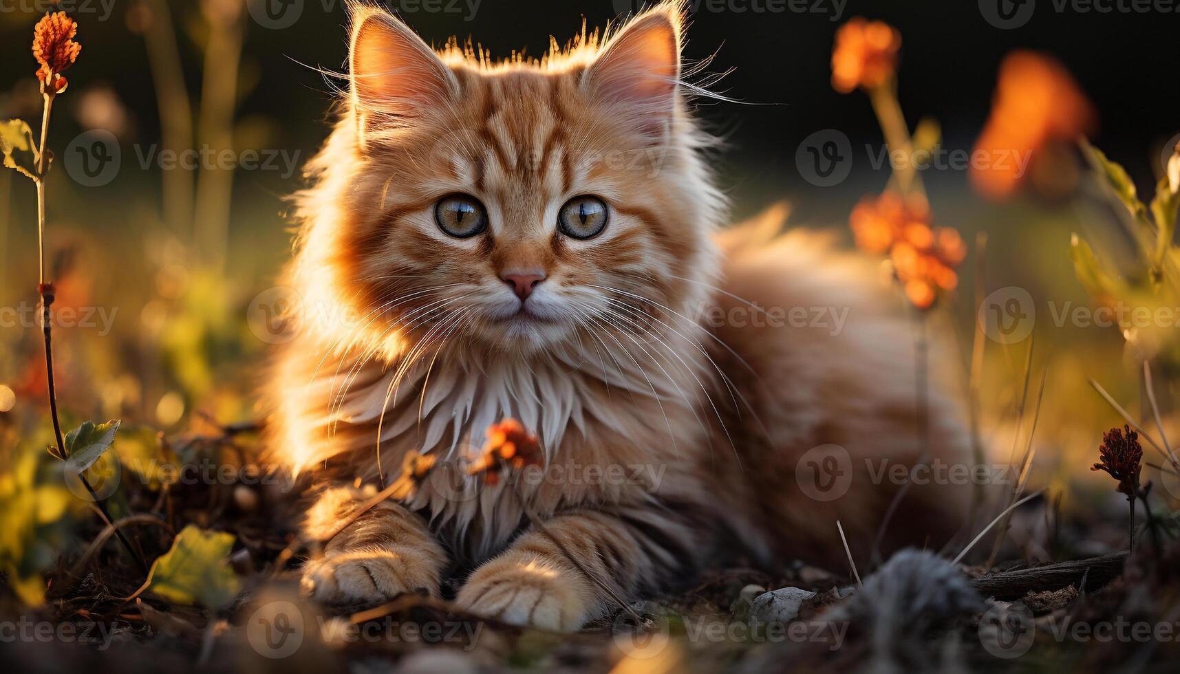 AI generated Cute kitten sitting in grass, playful and looking at camera generated by AI photo