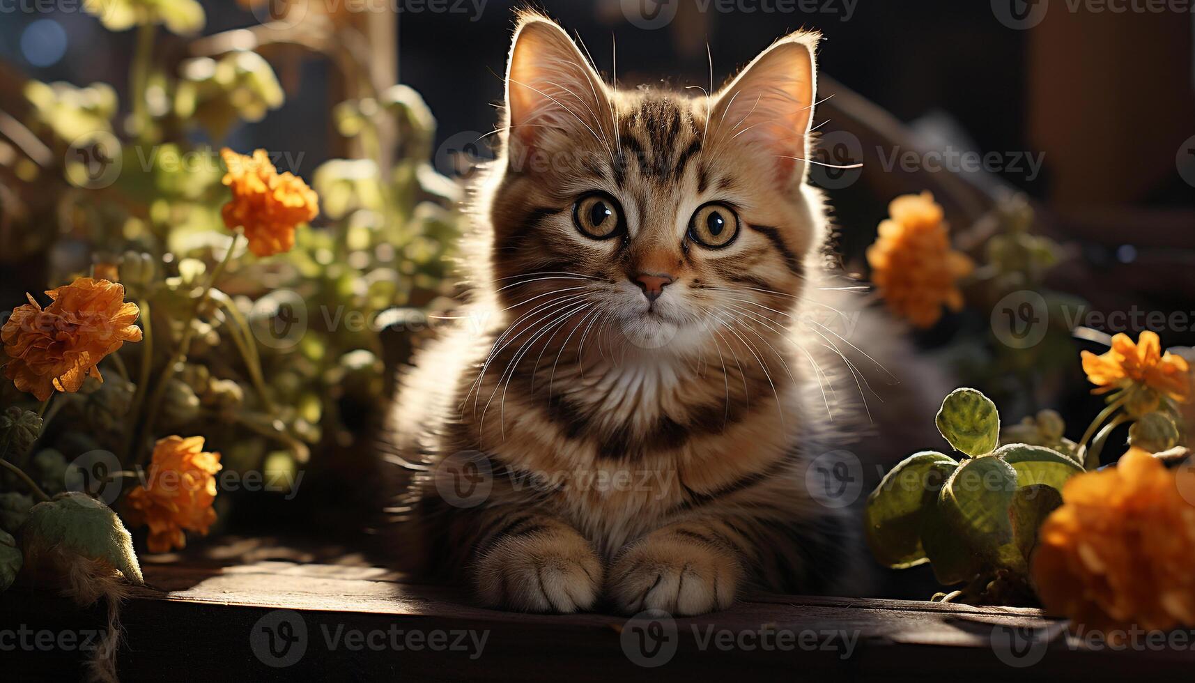 ai generado linda gatito sentado en césped, mirando a cámara con curiosidad generado por ai foto