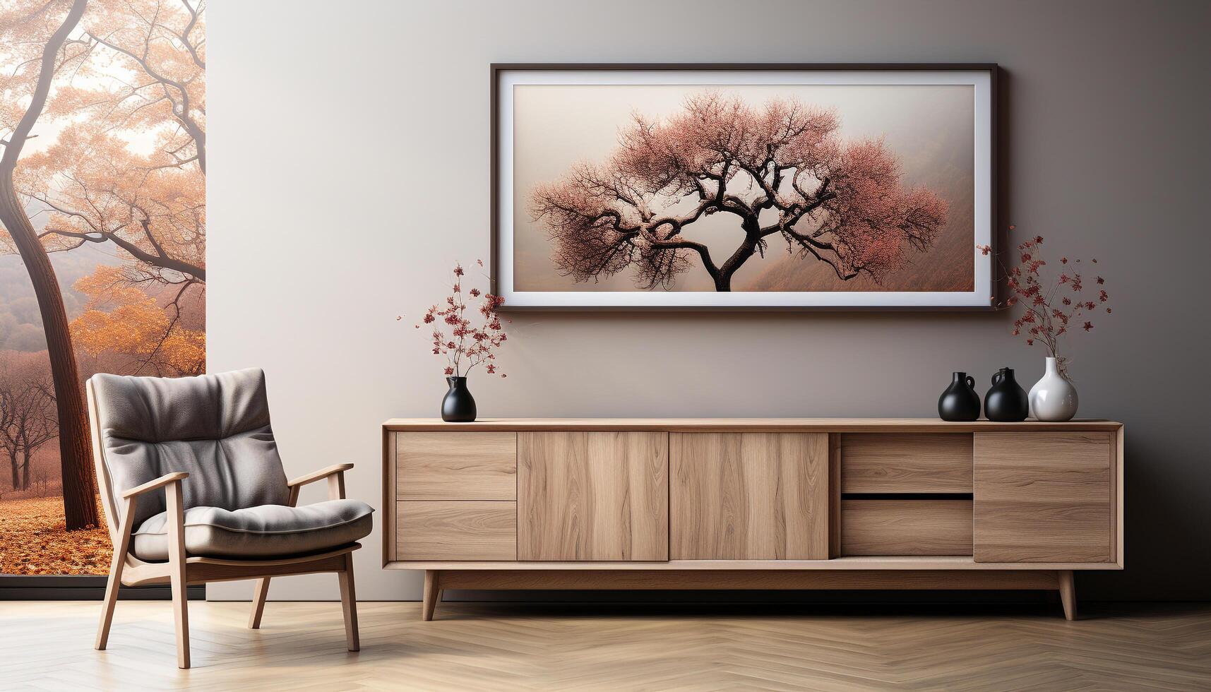 ai generado moderno Doméstico habitación con naturaleza inspirado decoración madera, hoja, árbol generado por ai foto