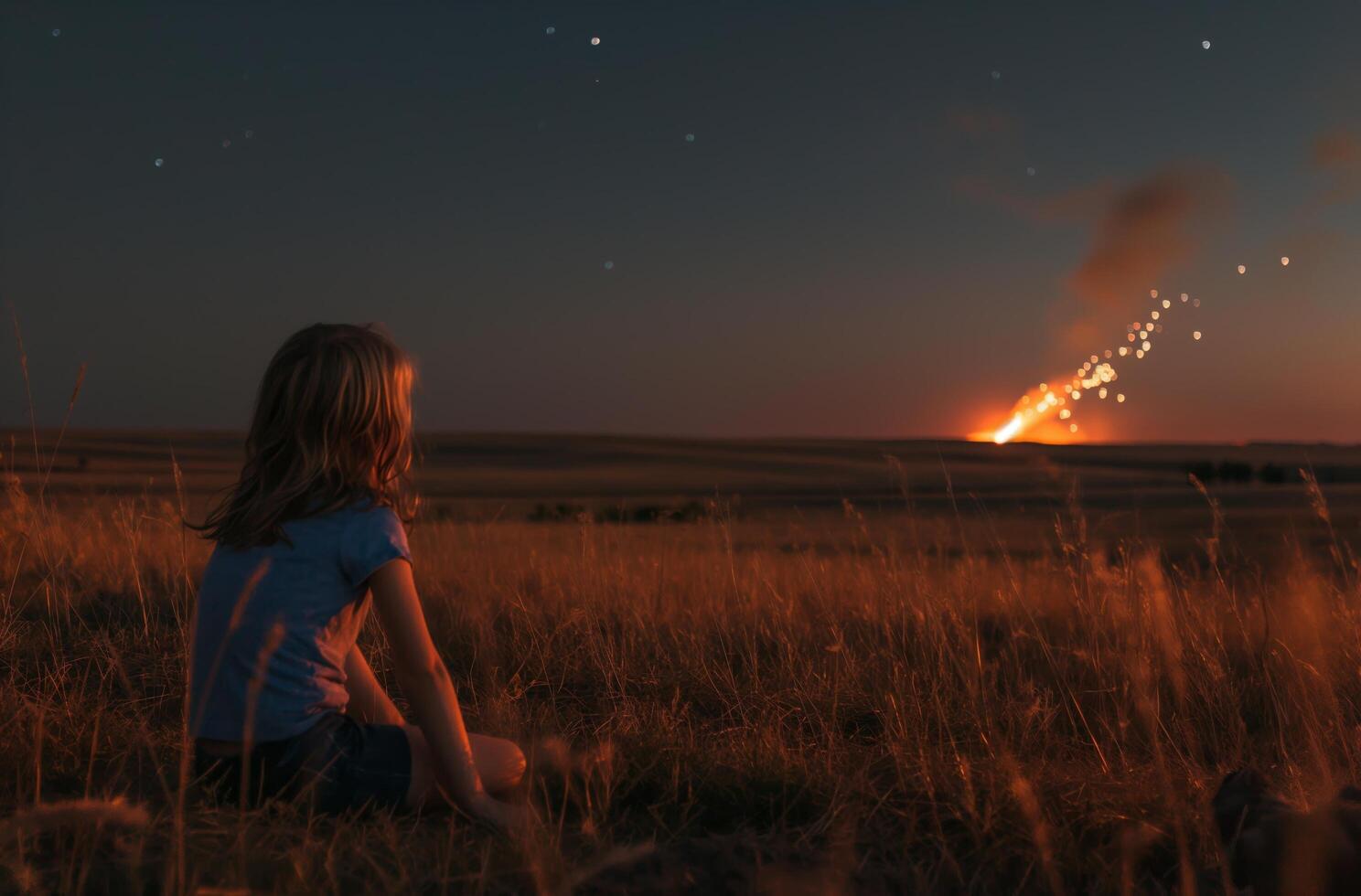 AI generated A girl watches a meteorite in a field photo