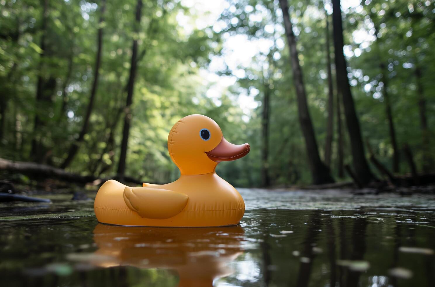 ai generado bosque estanque con inflable Pato foto