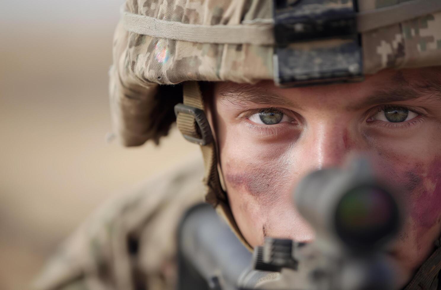 AI generated Close-up of soldier aiming photo