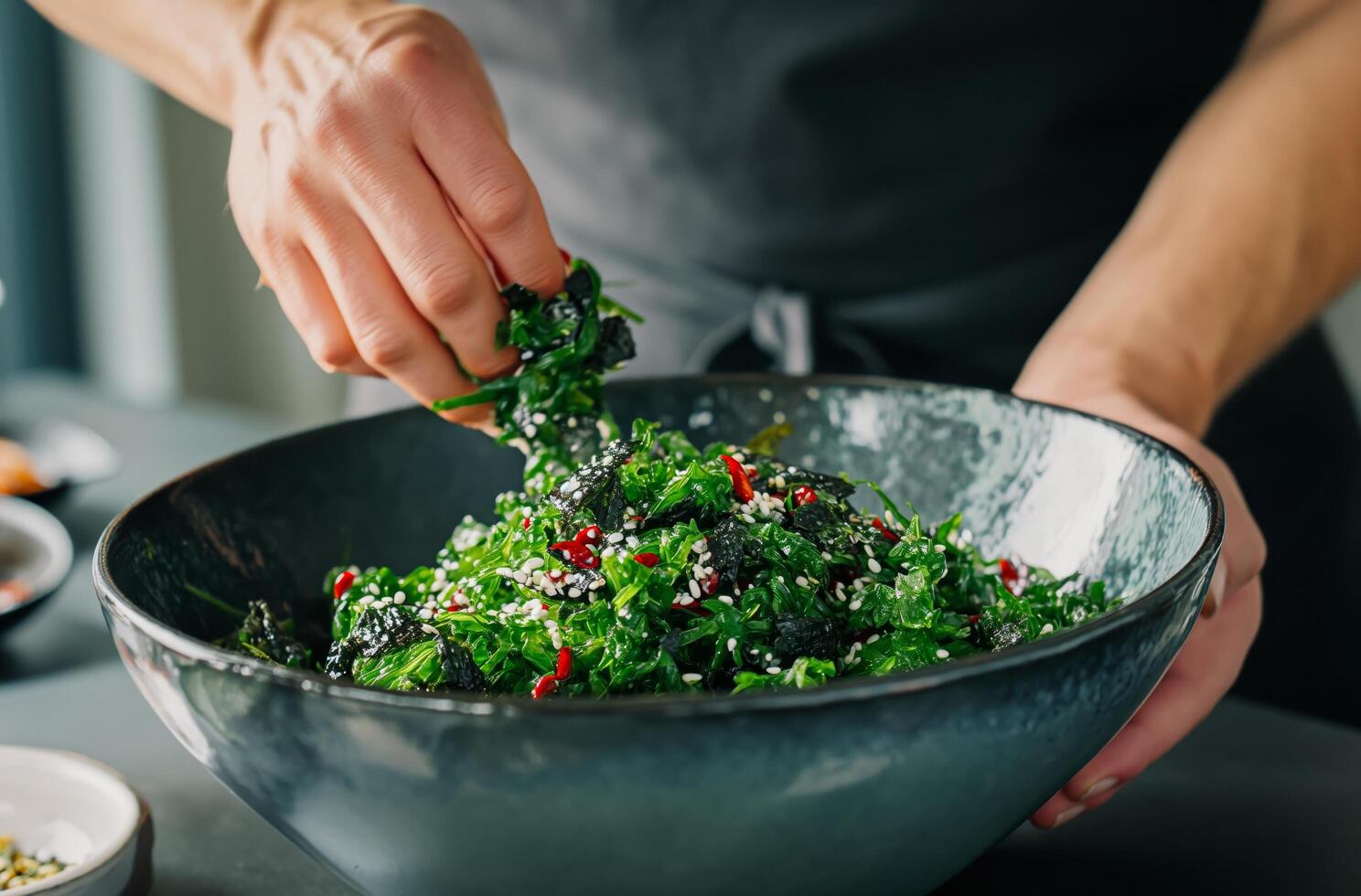 AI generated Seaweed salad preparation photo