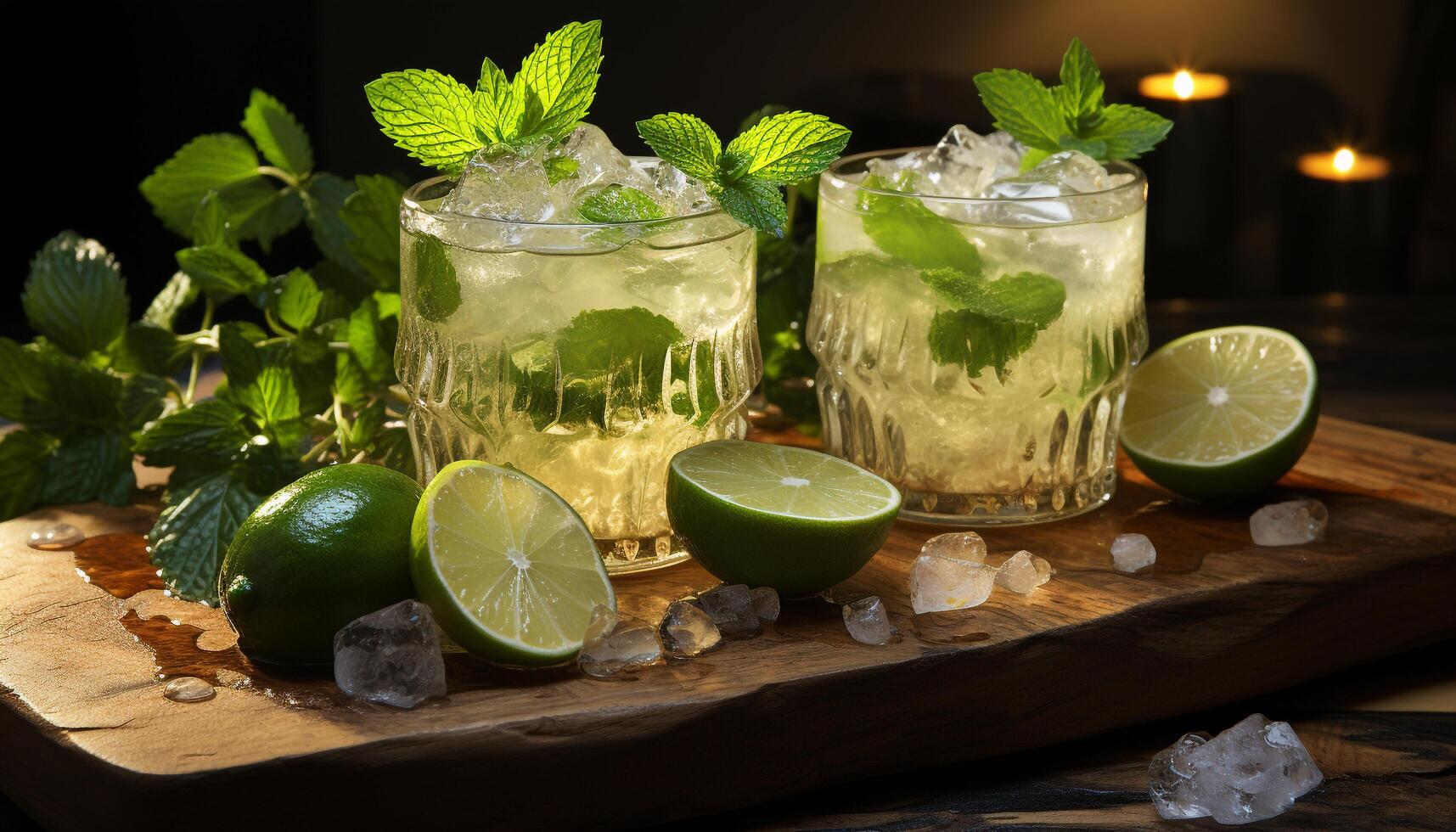 AI generated Fresh mojito cocktail with lime, mint leaf, and citrus fruit generated by AI photo