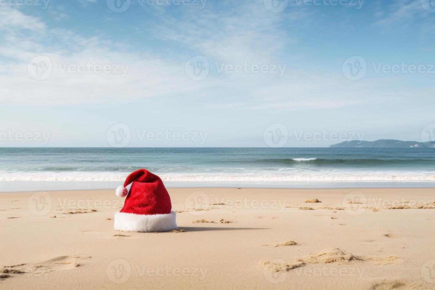 AI generated Colorful Santa beach hat on sand. Generate Ai photo
