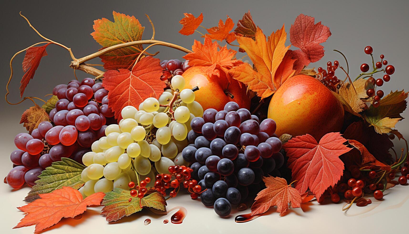 AI generated Autumn leaf, grape, pumpkin, nature colors frame a harvest generated by AI photo