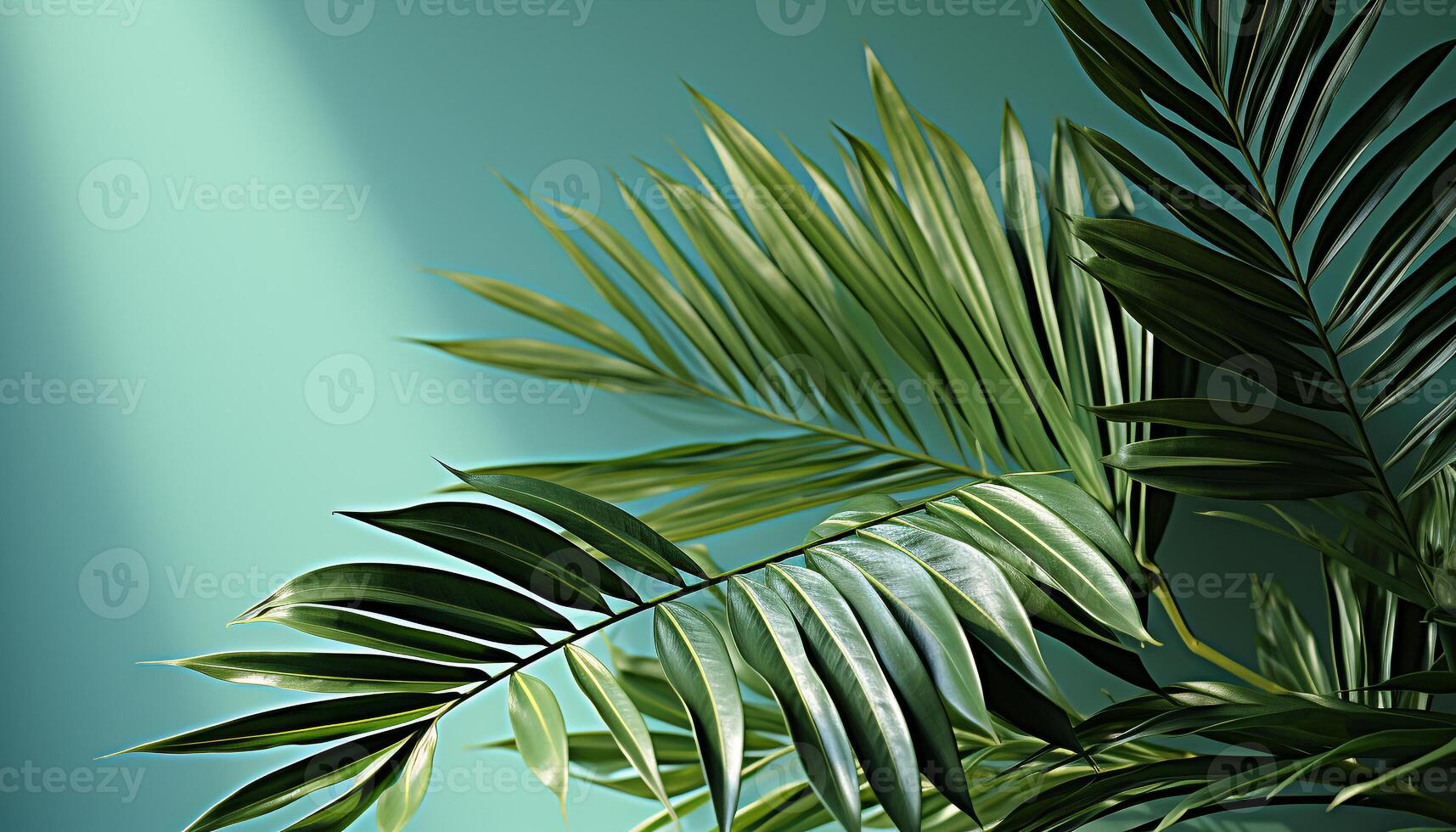 AI generated Fresh green palm leaves create a vibrant tropical backdrop generated by AI photo