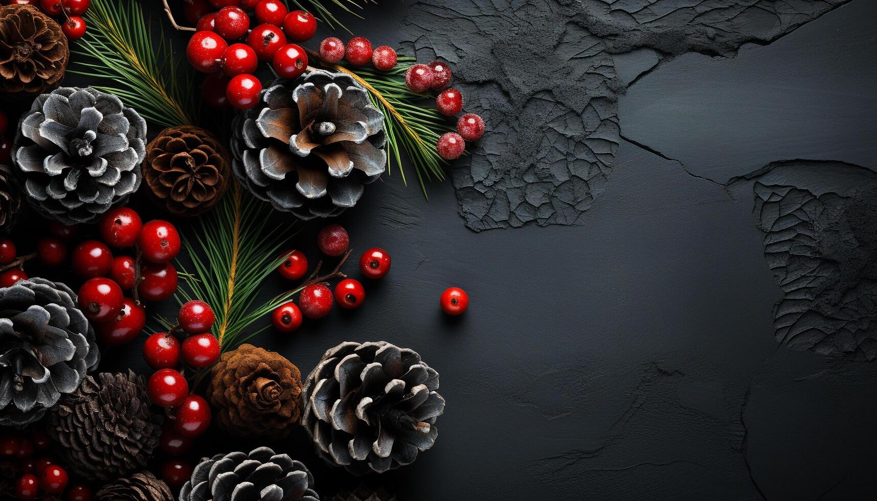 AI generated Winter celebration pine cone gift on fir tree background generated by AI photo