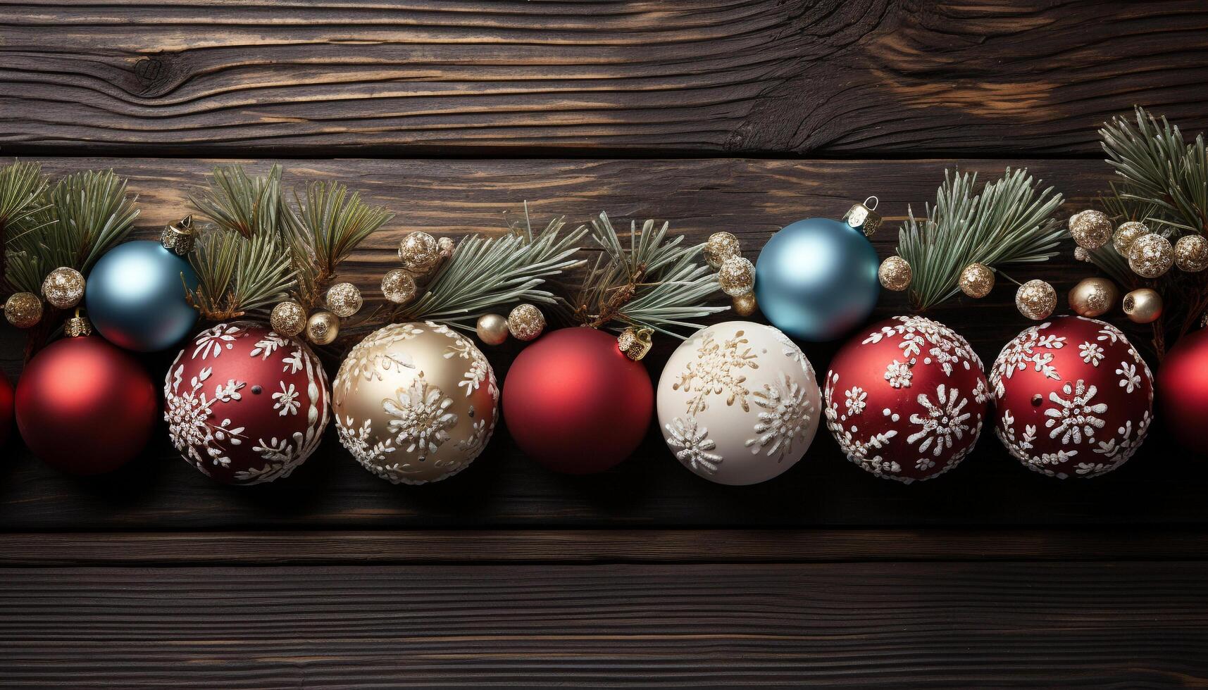 AI generated Christmas decoration on wooden plank, snowflake and gift in background generated by AI photo