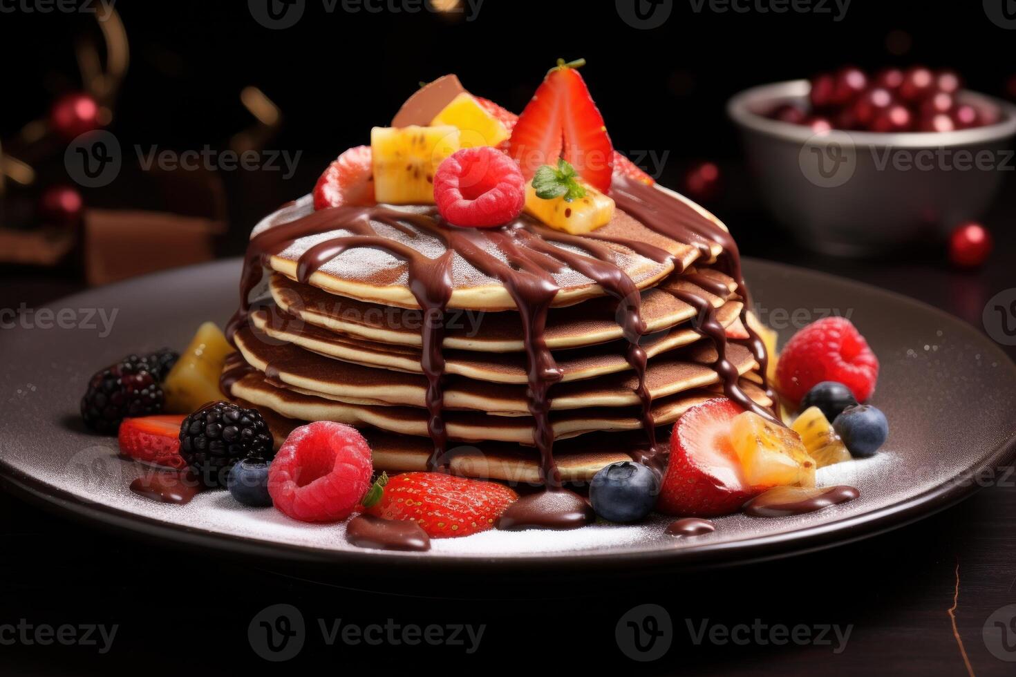 AI generated Pancakes fruits chocolate honey. Generate Ai photo