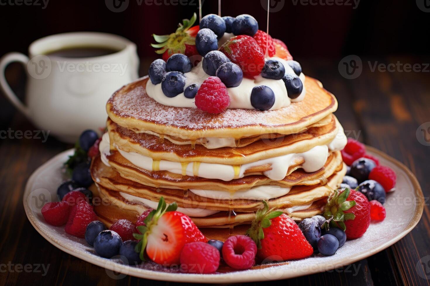 AI generated Pancakes cream fruits chocolate. Generate Ai photo